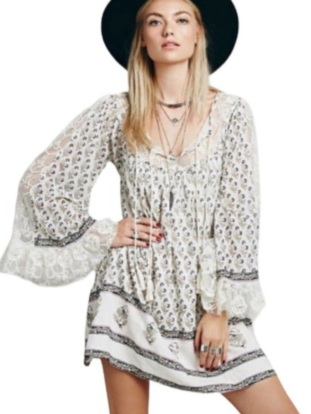 NWT Free People Nomad Child Long Sleeve Boho Peasant Floral Lace Mini Dress